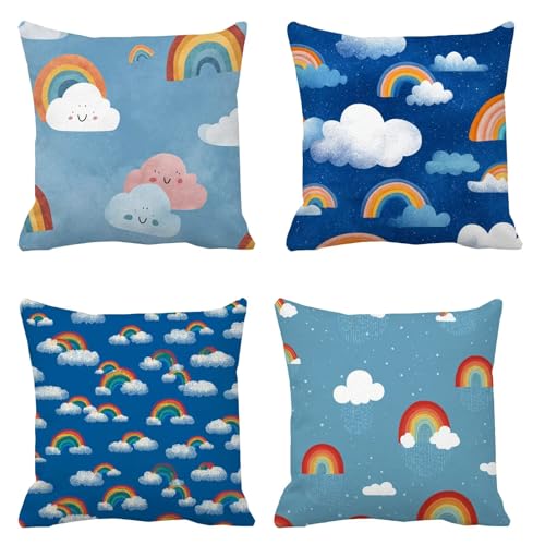 Set of 4 Rainbow Cushion Covers 35cm x 35cm, Linen Cloud Outdoor Cushions, Room Decor Sofa Cushions, Square Decorative Pillows Applicable to Livingroom Bedroom or autumn Festival Gifts. B-50