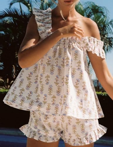 Image of Wyeysyt Summer PJs for Women Set, Womens Floral Pajama Set Trim Cami Top and Shorts 2 Piece Sleepwear Set