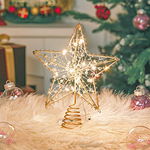 Qivange Estrella para árbol de Navidad, decoración de árbol de Navidad, estrella dorada con 20 luces LED, decoración de árbol de Navidad, adornos de estrella para el hogar, decoración de fiesta de