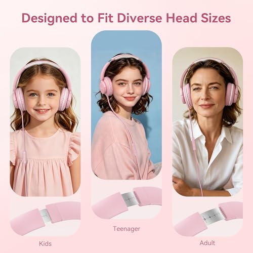 KVIDIO USB C Wired Headphones with Microphone, Over Ear for School, Pink by KVIDIO - Used condition - Image 3