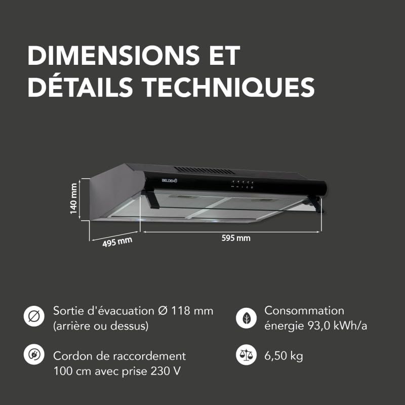 Hotte casquette visière BELDEKO 60 cm – Noir – Double moteurs – Débit jusqu’à 435 m³/h – 3 vitesses – Filtres lavables + filtre à charbon – Éclairage LED – Évacuation ou recyclage – Marque française