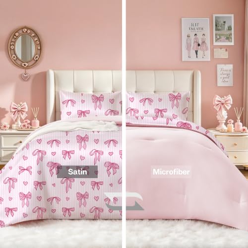 MR&HM Twin XL Pink Bow Comforter Set for Girls and Kids, 2 Pieces Cute Coquette Bedding Set, Reversible Satin Microfiber Bed Set with 1 Comforter & 1 Pillowcase, Kawaii Room Decor Gift