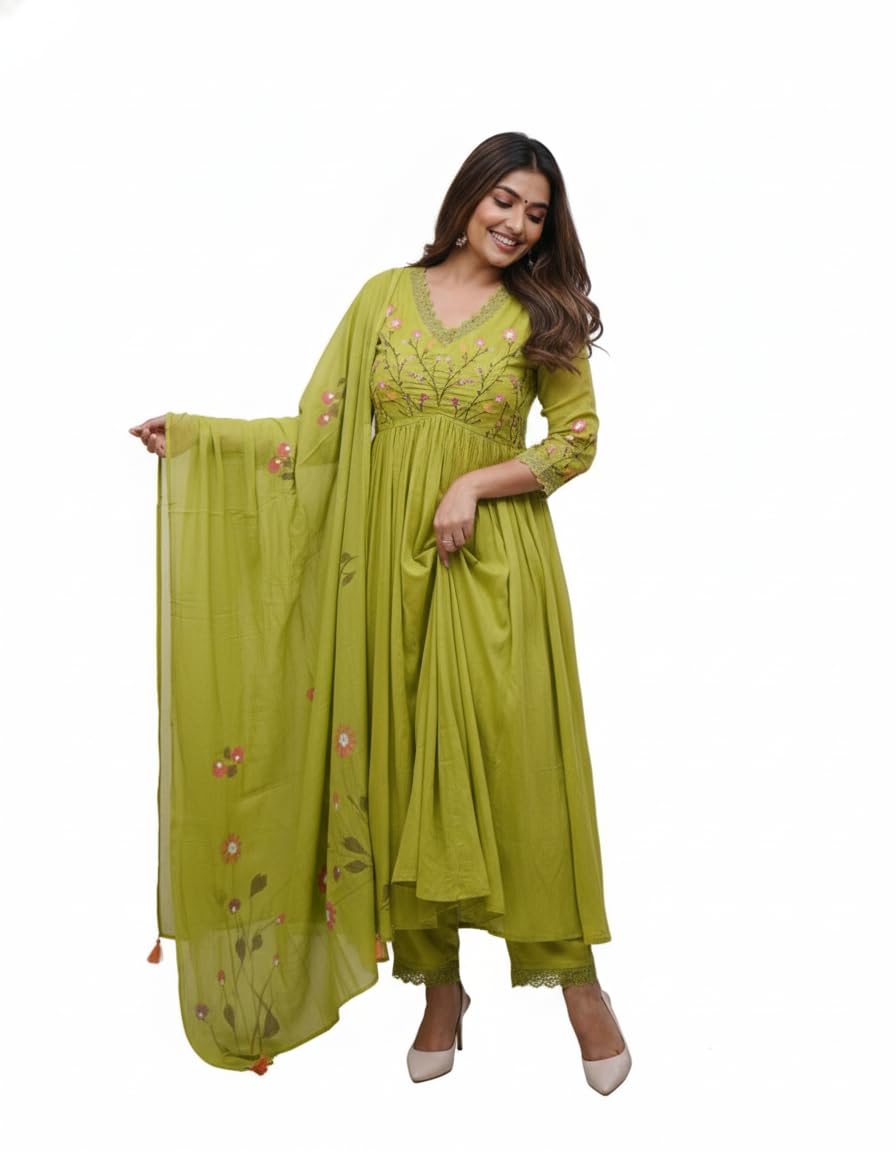 Traditional Floral Embroidered Cotton Kurta Set with Dupatta-image-27