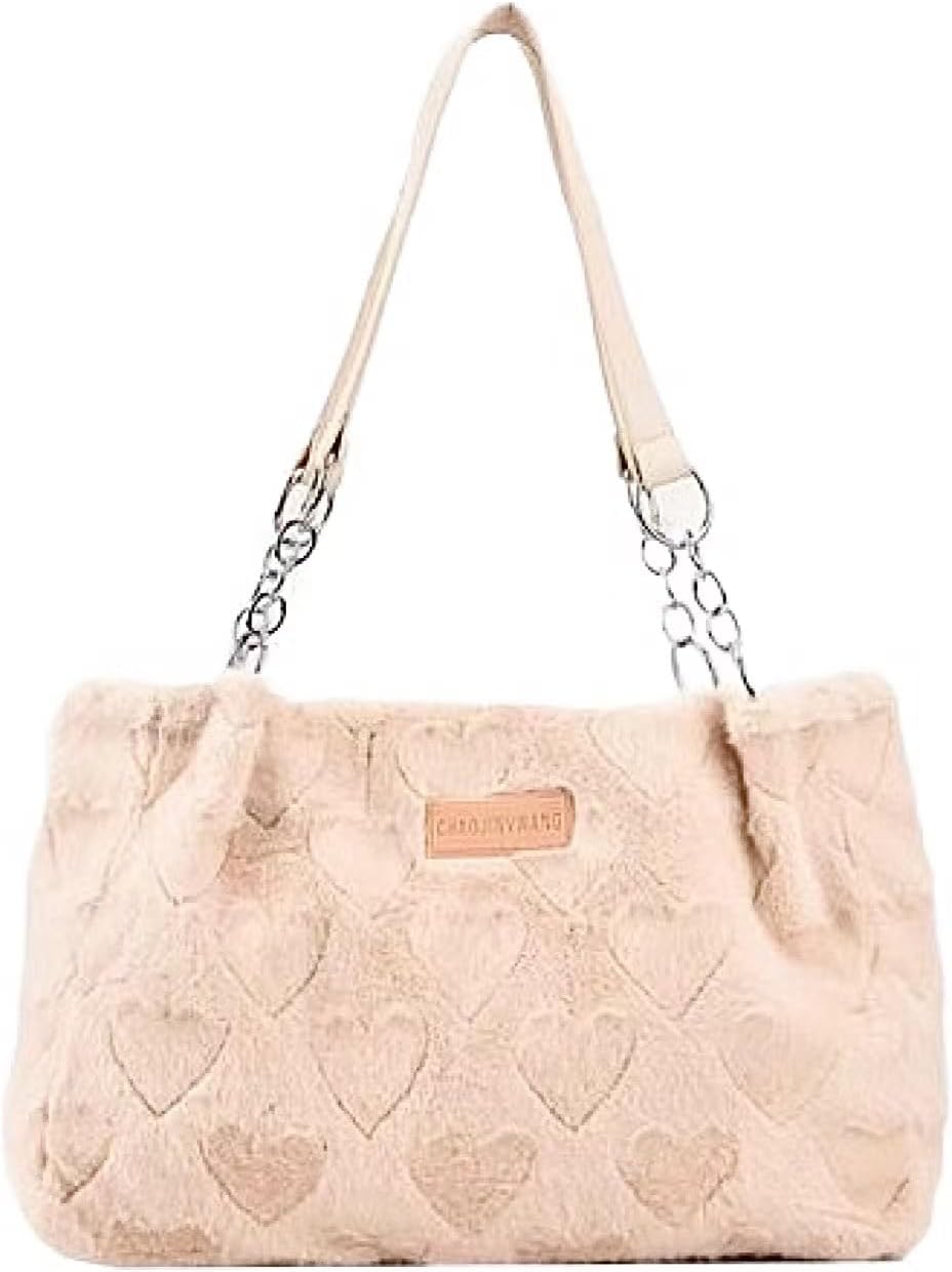 Large Tote Bag for Women Girls Furry Plush Purse Handbags Fluffy Fuzzy Love Heart Shoulder Bag for Autumn Winter