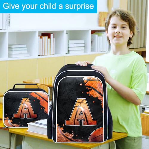 Image of gxtvo 3PCS Boys Basketball School Backpack, 17 inch Kids Letter Bookbag with Lunch Box, Water Resistant Middle Elementary School Bag - Basketball A