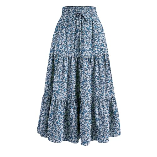 Long Floral Skirts for Women Trendy Ruffle Tiered Flowy Boho Skirts Drawstring A-line Summer Vacation Beach Skirt