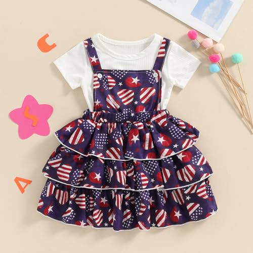 Image of Toddler Baby Girl Summer Clothes Kids Short Sleeve Solid T-Shirt Ruffle Daisy Skirts Overalls Dress Outfit 18M-6T