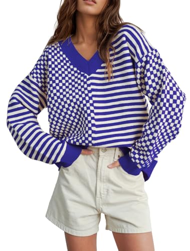 Image of UNCLECAT Womens Striped Checkered Sweater V Neck Fall Trendy Pullover Tops | Long Sleeve, Winter Clothes, Soft Jumpers, Business Casual Outfits, Cute, Fashion, Knitted Sweaters