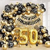 50th Birthday Decorations for Men Women with Happy 50th Birthday Decorations Banner 50 balloon number, Black and Gold 50th Birthday Balloons Kit for 50th Birthday Party Decorations