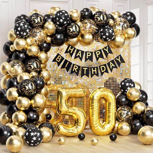 50th Birthday Decorations for Men Women with Happy 50th Birthday Decorations Banner 50 balloon number, Black and Gold 50th Birthday Balloons Kit for 50th Birthday Party Decorations by Anjerlfu - Used condition - US$8.44