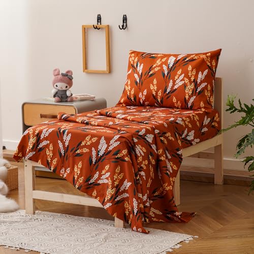 Image of Luxlovery Toddler Comforter Set Orange Floral Botanical Kids Girls Leaves Bedding Set Bed Set for Dorm 4 Pieces (1 Comforter, 1 Flat Sheet, 1 Fitted Sheet, 1 Pillowcase)
