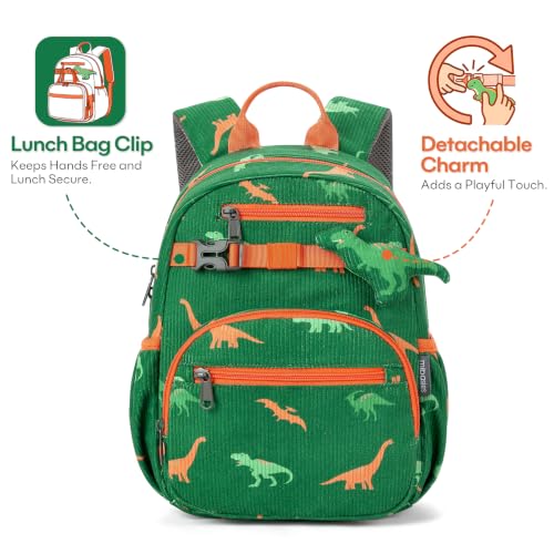 mibasies Toddler Backpacks for Boys 2-4: Little Kid Corduroy Bookbag for Preschool Daycare Travel, 12" H - Green Dinosaur — view 3