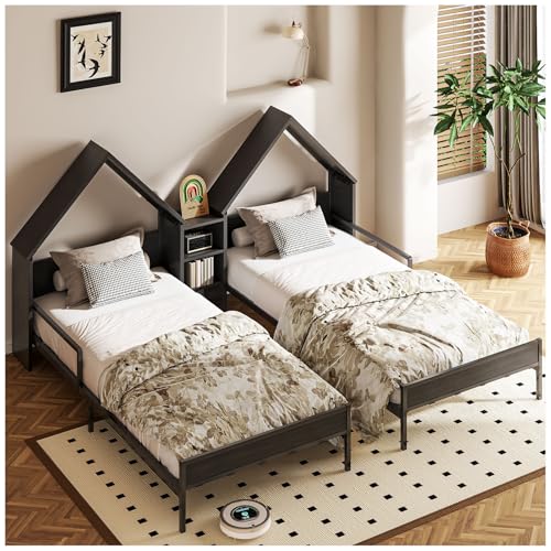 Simple Wisdom Literas Individuales,Base Cama Individual Tiene Dos,Literas Matrimonial e Individual Viene con una Mesita Noche,Cama Infantil,Equipado con Barandilla Seguridad,Fuerte y Estable(Negro)
