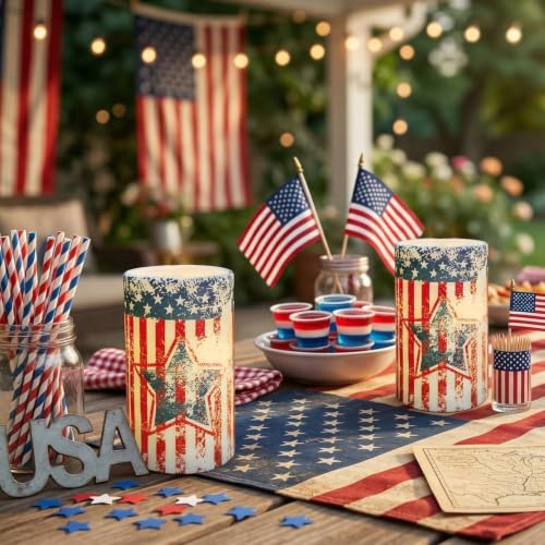 Image of Patriotic 4th of July Candles with Timer Remote Control | Red White and Blue Candles,American 250th Anniversary Independence Day Decorations