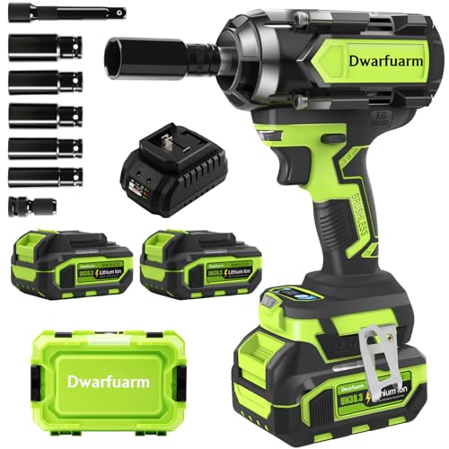 Dwarfuarm Cordless Impact Wrench 1/2 Inch, 1200N.m High Torque Brushless Impact Gun, 21V Power Impact Driver with 2×4.0Ah Batteries, 3-Speed modes & LED Light, 5 Sockets for Car/Mower/Pickup/Truck/RV