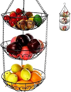 Dicunoy 3 Tier Hanging Fruit Basket, Kitchen Vegetable Produce Storage Basket, Chain Wire Plants Organizer Basket, Rustic Country Style Saving Space with Hooks
