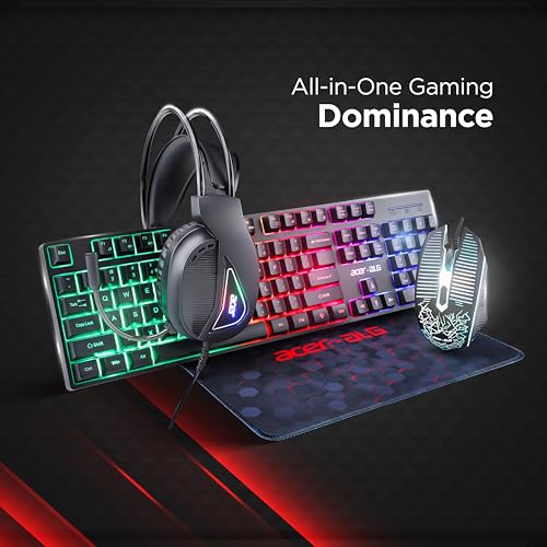 Acer 4 in 1 Wired Gaming Combo, 7 Color LED Backlit Keyboard, RGB Mouse (1200/1600/2400 DPI), Premium Gaming Headset (50mm Driver, 120dB) with Mixed Light Effect, Fabric Weave Mousepad (Black) 7 51d2N9k+IOL