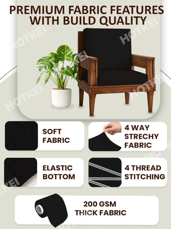 Image of HOTKEI Black (Pack of 2) 200 GSM Fabric Wooden Sofa Seat Cover Elastic Stretchable Cushion Seat Slip Cover Protector for Wooden Sofa Set 1 Seater Antislip Full Covers for Living Room