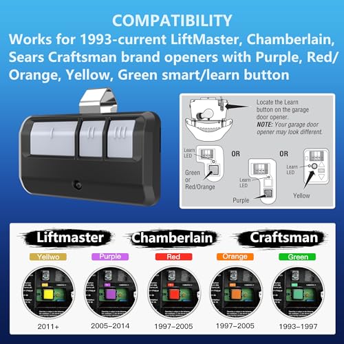 Garage Door Opener Remote for Chamberlain Liftmaster Craftsman Garage Door Opener 893MAX 893LM 891LM 371LM 373LM 971LM 973LM 81LM Purple Yellow Red Orange Green Learn Button, Visor Remote 2 Pack