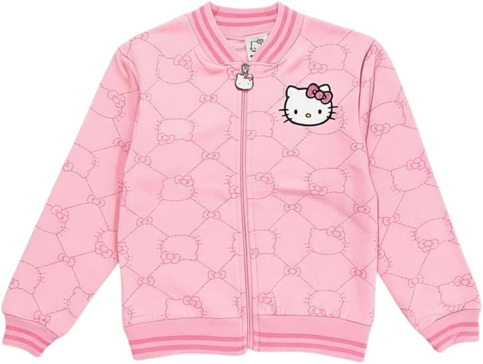 Hello Kitty Girls Fleece Bomber Jacket, Soft Zip-Up Sweater, Cozy Warm Outerwear for Kids