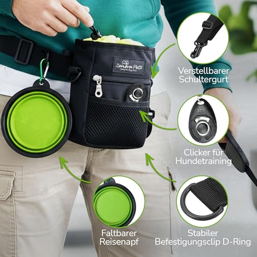 ZENOVA PETS Leckerlitasche für Hunde, großer Leckerlibeutel & Snackbeutel Hund mit Reisenapf, Clicker, Kotbeutelspender & Handyfach, 3 Tragemöglichkeiten, ideale Futtertasche für Hundetraining