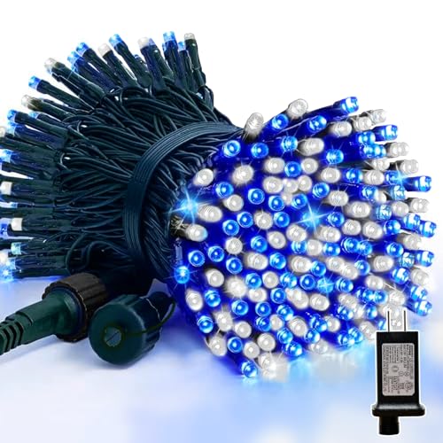 LAMPHOME 33ft Christmas Decorative Mini Lights, 100 LED Green Wire Fairy Starry String Lights Plug in, 16 Lighting Modes for Outdoor Xmas Tree Wedding Party Decoration (White+Blue)