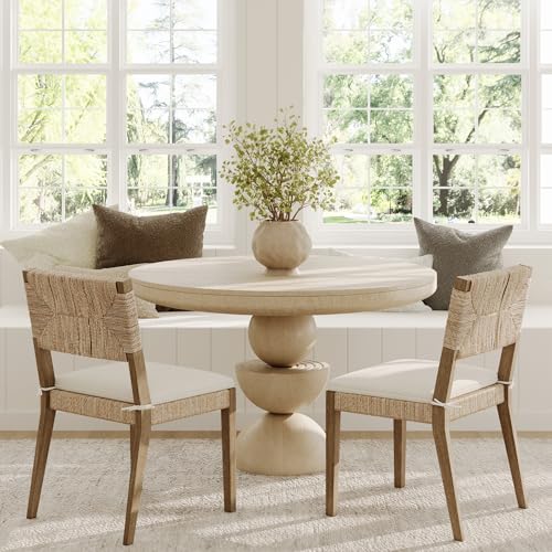 Image of Nathan James Beacon Boho Dining Chair Set of 2, Boucle Dining Chair with Seagrass Accent and Solid Wood Legs, Cream Boucle /Light Brown