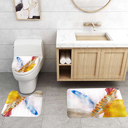 3-teilig Badematten Set, 3D Digitaldruck Feder Badteppich Sets rutschfest Badvorleger Rosa Waschbar U-Förmiger…