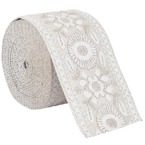 CABODYALS Cinta Ancha de Jacquard Blanca Bordada, Ribete Geométrico Dorado Metálico, Flores, Tela de Poliéster, Cintas Tejidas Florales para Coser, Hacer Cortinas de Boda, Envolver Regalos, Manualidad