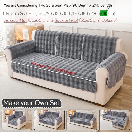 Image of HOKIPO 'FurHug' Premium Faux Fur Rabbit Sofa Cover Mats for L Shape and 1 /2 /3 Seater Sofa. Make Your Own Sofa Cover Set, Mat Length 90(D) x 240(L) cm, Cool Grey (AR-6290-GRY)