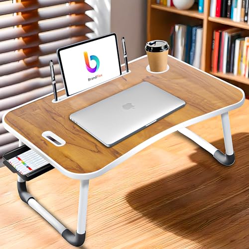 Image of CODEXIAL Technologies PVT LTD. Premium Foldable Wooden Mini Laptop Table for Bed,Smart Study Table with Drawer,Tablet /Mobile /Cup Holder for Kids & Adults (C-BIDDINGS .Wood.),59.7 cm,10 cm