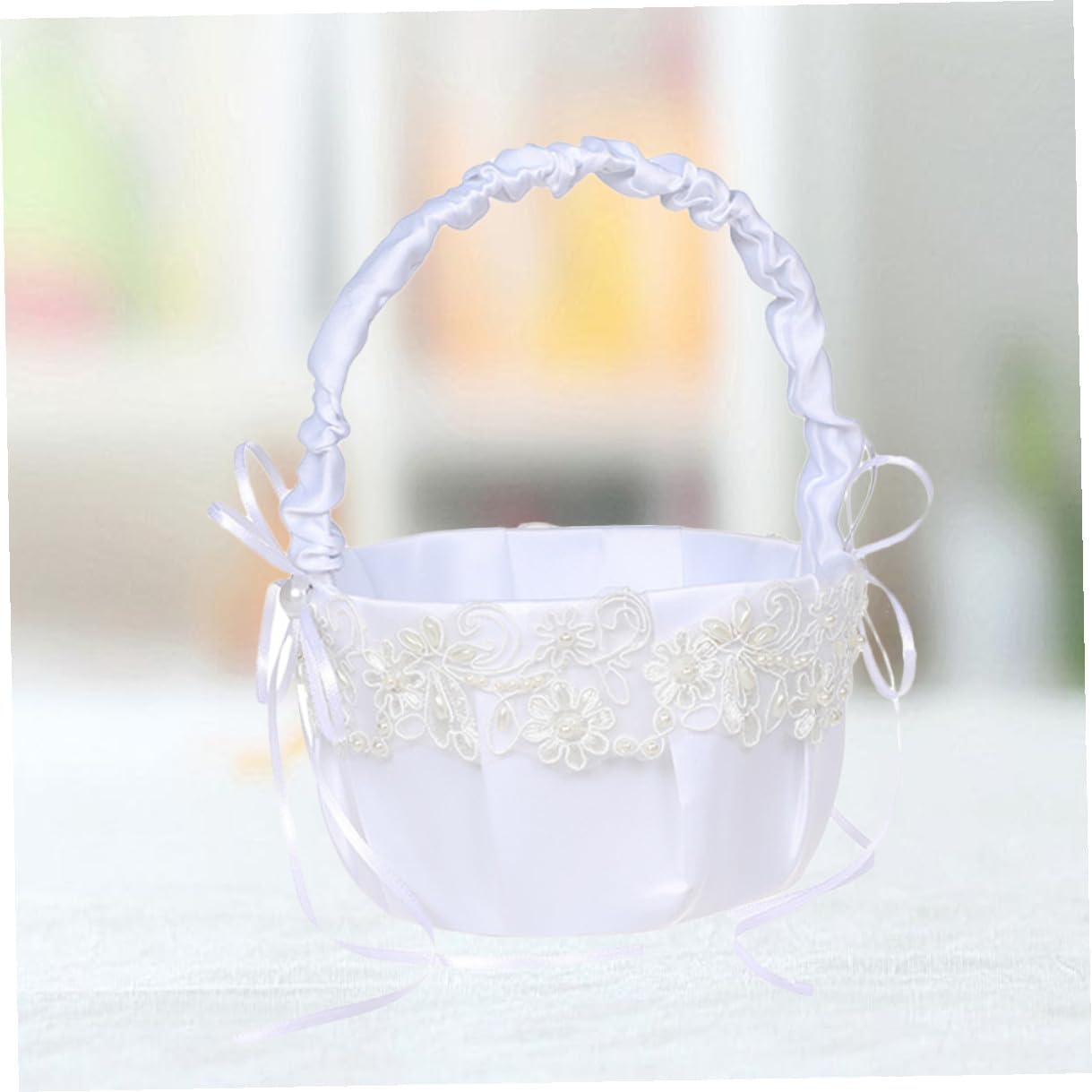 White Lace Flower Girl Basket with Satin Handle 18cm Wedding Basket for Ceremony Supplies Romantic Pearl Decoration