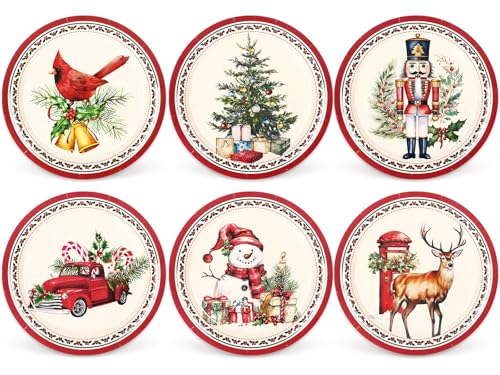 Whaline Christmas Paper Plates Snowman Nutcracker Cardinal Disposable Plates 6 Designs Retro Dinnerware Plates 9 Inch for Xmas Winter Party Supplies Table Decor, 24 Pcs