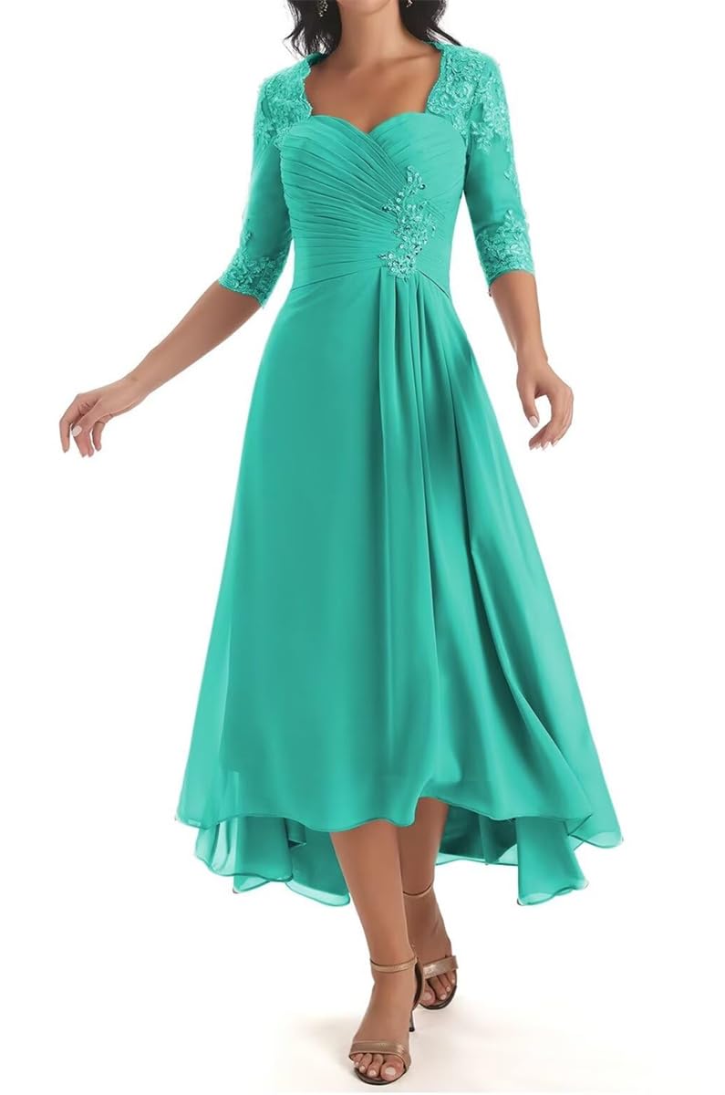 HPPEE Turquoise Mother of the Groom Dresses with Sleeves for Women Lace Applique Chiffon Mother of the Bride Dress Formal Gown UK12