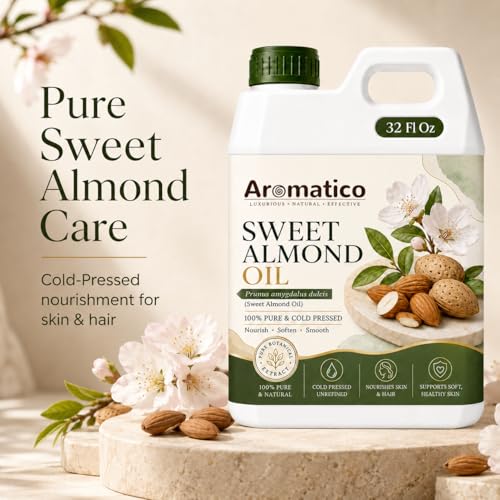 Image of AROMATICO Sweet Almond Oil for Skin, Hair and Body Care, Multipurpose Carrier Oil for Massage, Scalp Care, Dry Skin Routine, DIY Beauty and Natural Glow - 946 ml