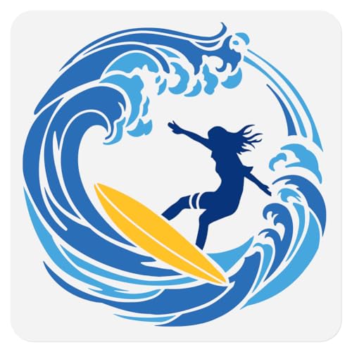 DOODLREAM Surfer Lady Stencil for Painting, 11.8'x11.8'Reusable Sea Surfing Stencil Drawing...