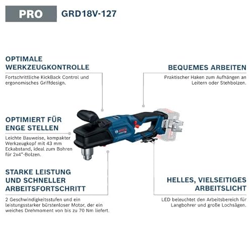 Bosch Professional 18V System Akku-Winkelbohrmaschine GRD 18V-127 (65 Nm weiches Drehmoment, bürstenloser Motor, 2 Geschwindigkeitsstufen: schnelle Roharbeiten 1.800 min⁻¹, langsame Stufe 550 min⁻¹)