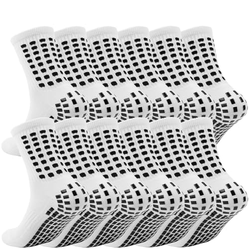 fjberrtsat 6 Pairs Kids Grip Soccer Socks Cushioned Non Slip Grippy Football Athletic Sports Socks for Boys Girls 4/6, 6white, One Size