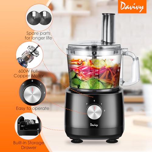 Davivy 7 Cup Food Processor, 10 Functions Built-in Storage Drawer Vegetable Chopper with 10 set blades,French fry cutting,Wavy slicing for Home Use,3-Speed, Black,600W (7-Cup Built-in Drawer) - Thumbnail 5
