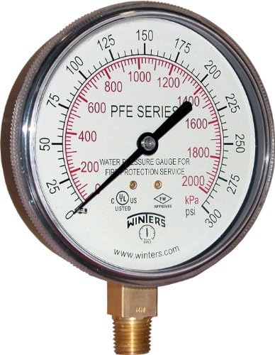 Winters PFE Series Dual Scale Sprinkler Pressure Gauge, 3-1/2" Dial, 0-300 psi/kPa Range, +/-3-2-3% Accuracy, 1/4" Male NPT Bottom Connection, For Water Media