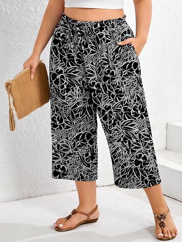 AusLook Plus Size Capri Wide Leg Pants for Women with Pockets High Waisted Elastic Drawstring Summer Casual Flowy Boho Vacation Beach Cropped Black White Flowers 5X Trousers — view 2