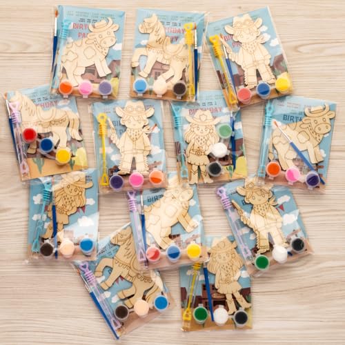 GEECOZYLIFE Western Cowboy & Cowgirl Party Favors - 12 PCS Wild West Wooden Painting Kit with Bubble Wands - Rodeo Party Supplies Birthday Gift Classroom Rewards Goodie Bag Pinata Fillers
