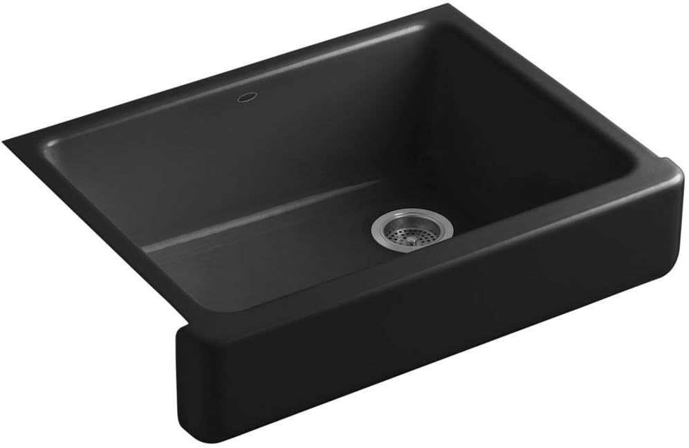 KOHLER K-6486-7 Whitehaven Farmhouse Self-Trimming Apron Front Single Basin Kitchen Sink with Short Apron, Black KOHLER K-6486-7 Whitehaven Farmhouse Self-Trimming Apron Front Single Basin Kitchen Sink with Short Apron, Black