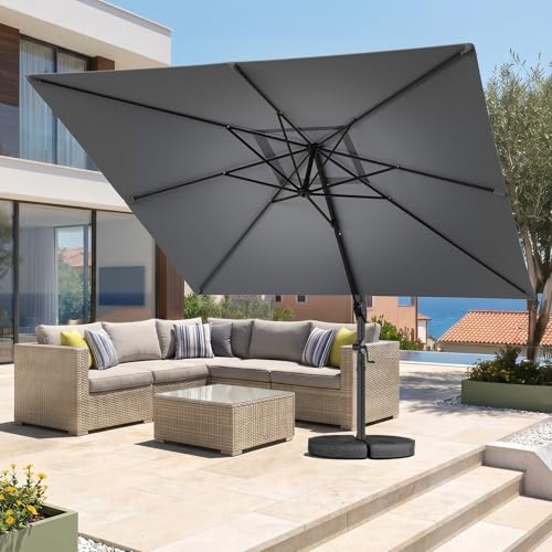 HOMSHADE 10x10 FT Cantilever Patio Umbrella with Base Included, Large Square Offset Outdoor Umbrella, 360° Rotation Heavy Duty Aluminum Pool Umbrellas, 6 Tilts, 3-Year Fade Resistant for Deck, Grey