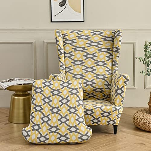 SHANNA Soft Stretch Wingback Chair Sofa Slipcover Armchair Cover Furniture Protector Couch Soft Silver (Spandex/Geometry Yellow)