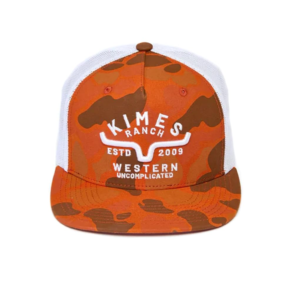 Kimes Ranch Grandview High Profile Flat Bill Hat with Printed Camo and 3D Embroidery, Orange, One size