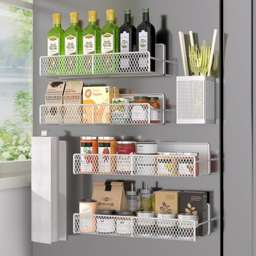 Image of Magnetic Spice Rack for Refrigerator, 6 Pack Metal Magnetic Shelf White, Moveable Spice Organizer, Strong Magnetic Storage Fridge Organizer with Paper Towel Holder, Utensils Holder