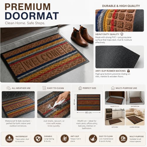 Image of DecorTwist PVC Door Mat 60x40 cm | Heavy Duty Indoor Outdoor Entrance Mat | Anti-Slip Rubber Back | Waterproof Dust & Dirt (Style 2 [ Dark Coffee /Chocolate Pattern ], PVC Door Mat 60*40 cm, Pack of 2)