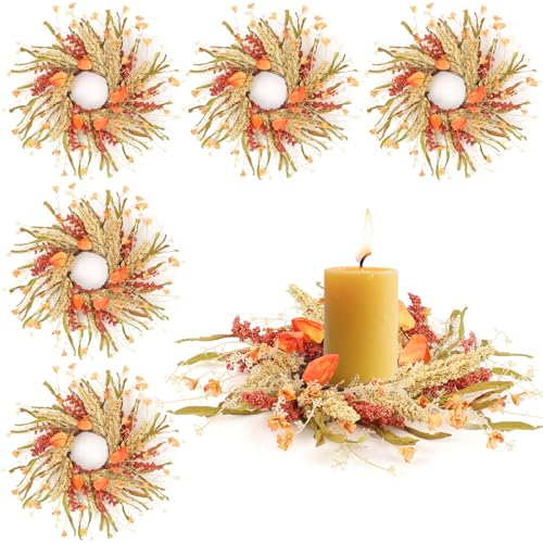 Image of 6 Pcs Fall Candle Rings 9 inch Thanksgiving Autumn Wreaths with Flowers for Tables Artificial Farmhouse Candle Rings Wreath for Front Door Porch Wall Window Decorations