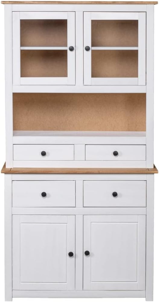 Solid Pine Wood Highboard Cabinet with White Finish and Natural Beauty, 4 Drawers and Doors for Spacious Storage, Rustic Design for Living Room or Bedroom Organization